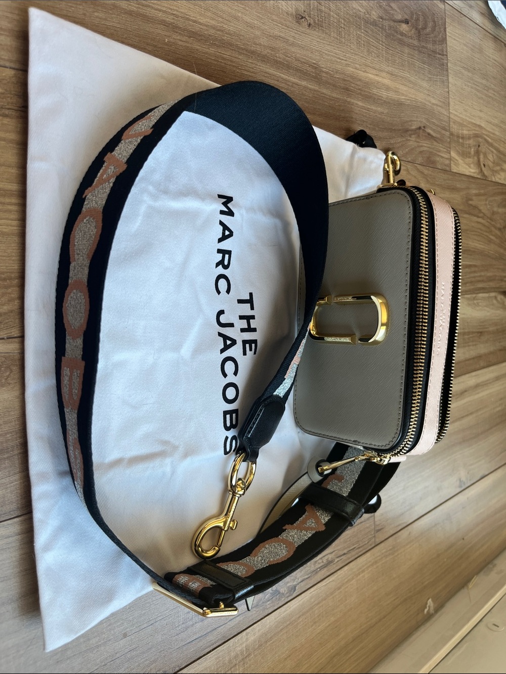 Marc Jacobs Gray and Pink Saffiano Snapshot Crossbody with Striped Strap